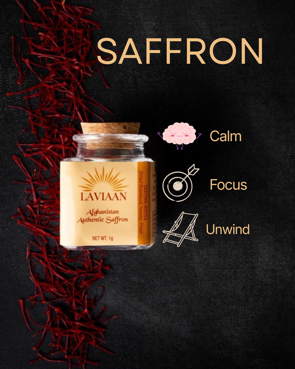 Laviaan saffron jar with saffron strands on a dark background