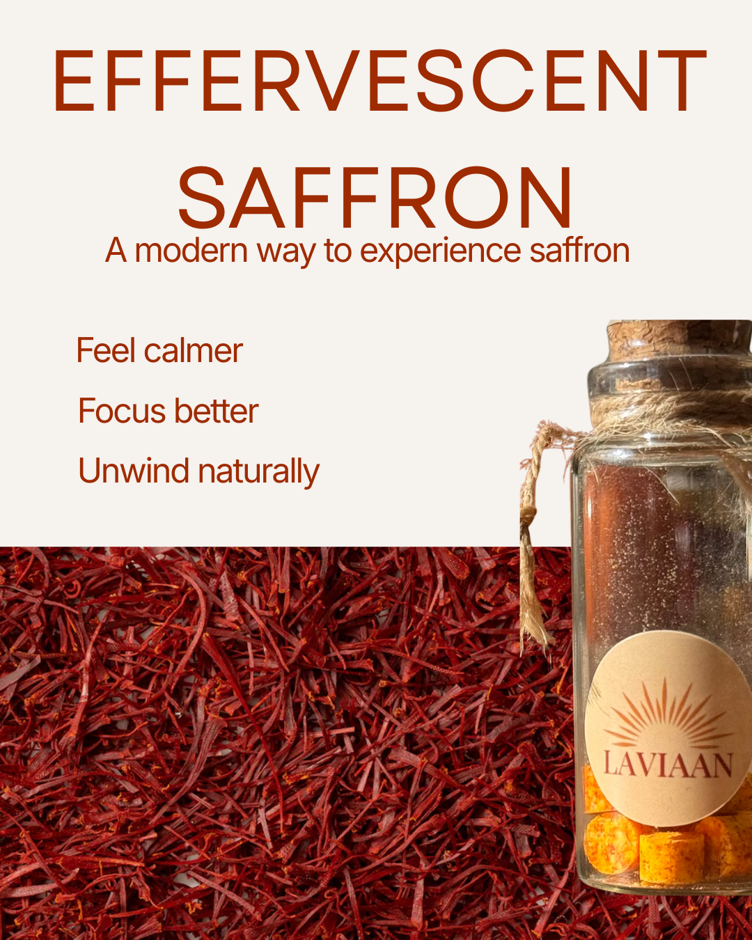 Advertisement for Laviaan effervescent saffron with a jar of saffron and text on a white background.