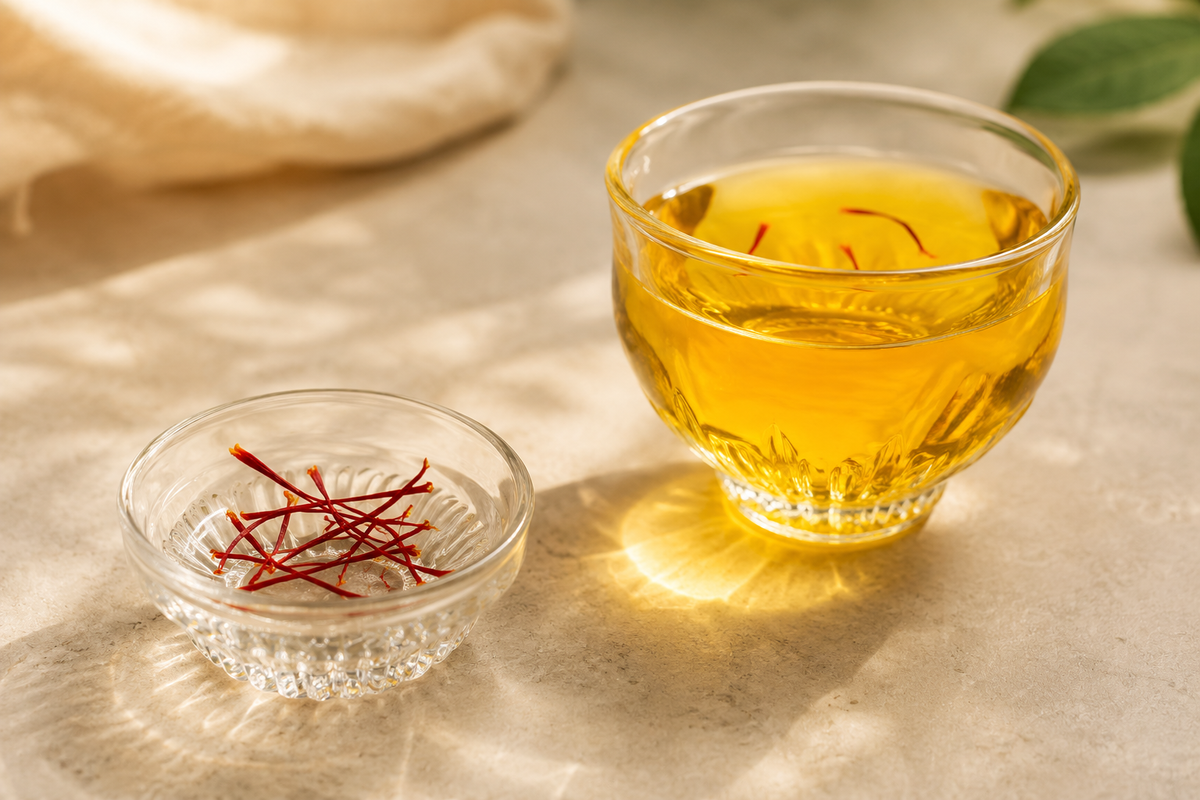 Glass cup of yellow liquid with saffron strands on a textured surface