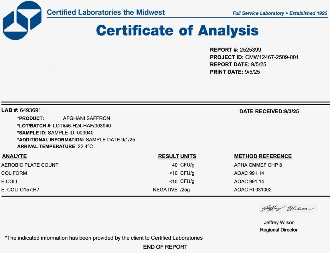 A document titled 'Certificate of Analysis' from Certified Laboratories. The certificate includes a product name 'Afghani Saffron', sample details, result units, and a signature block at the bottom right.
