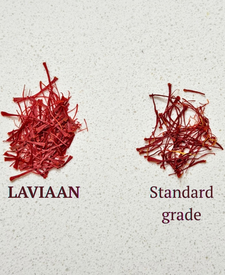 Comparison of LAVIAAN and standard grade saffron on a textured white background