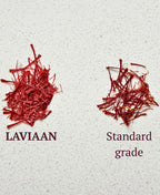 Comparison of LAVIAAN and standard grade saffron on a textured white background