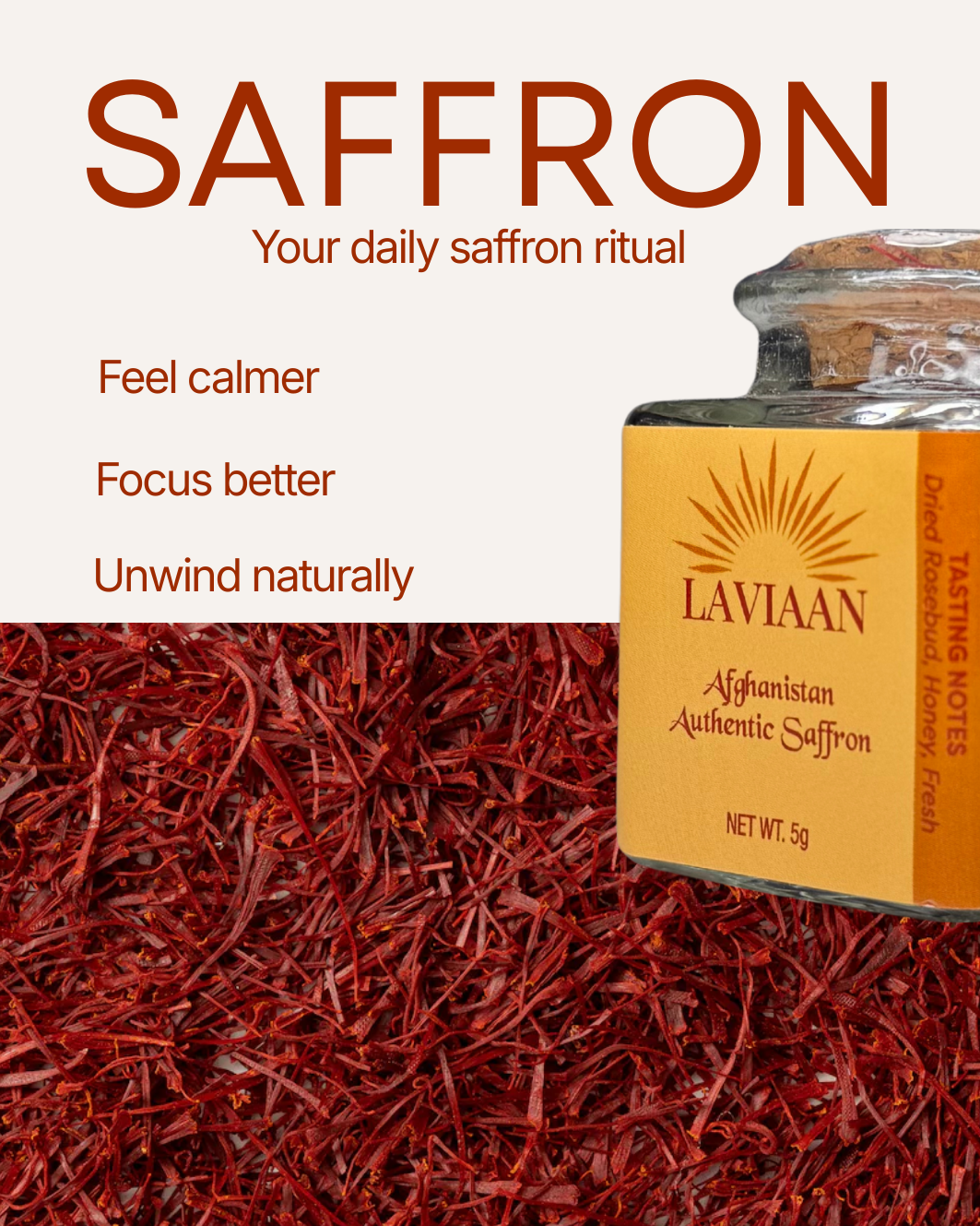 Laviaan saffron with text highlighting benefits and product details.