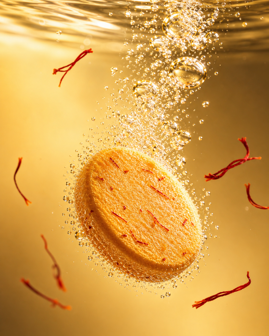 Orange-colored saffron pill fizzing in water