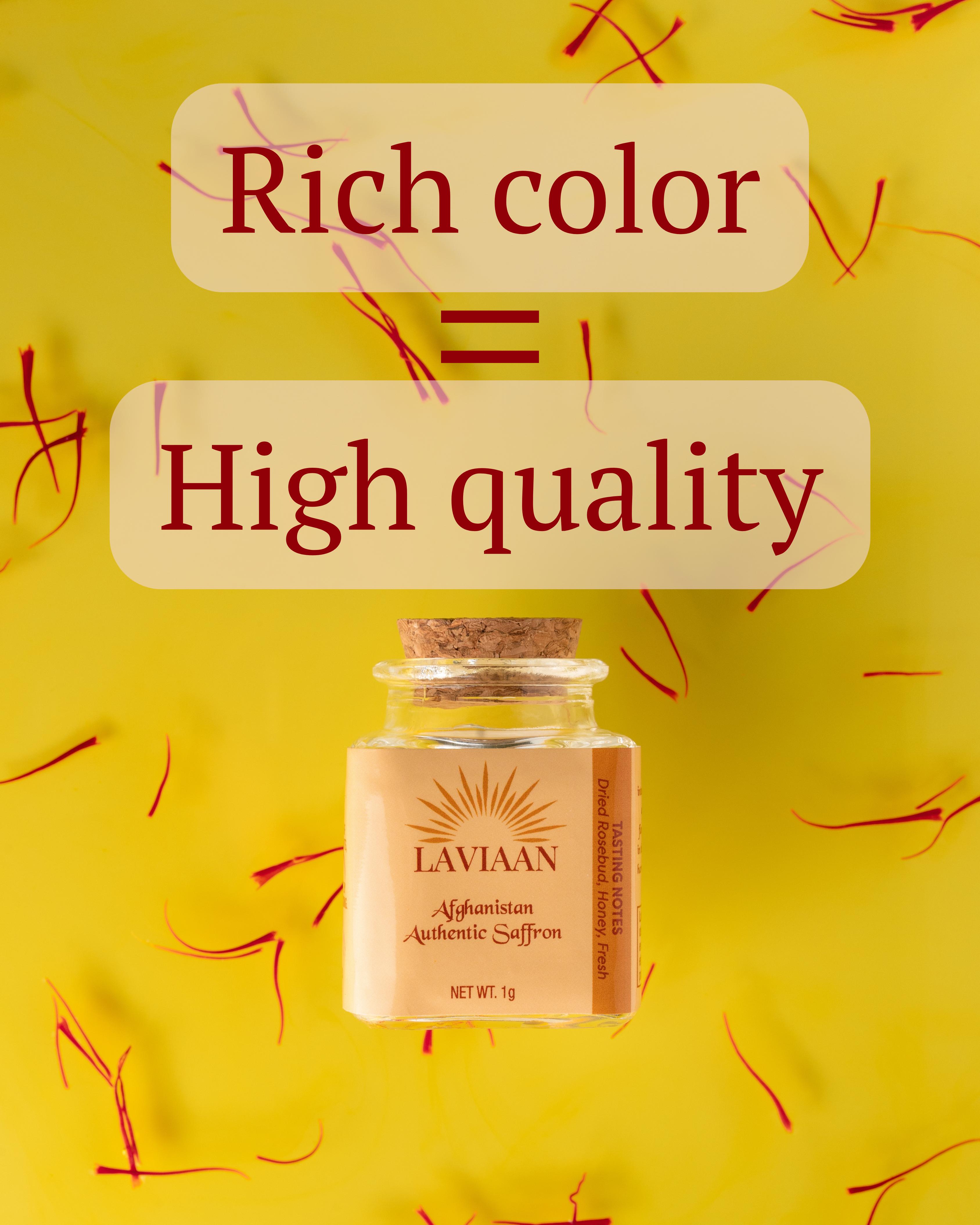 Laviaan saffron jar with text on a yellow background