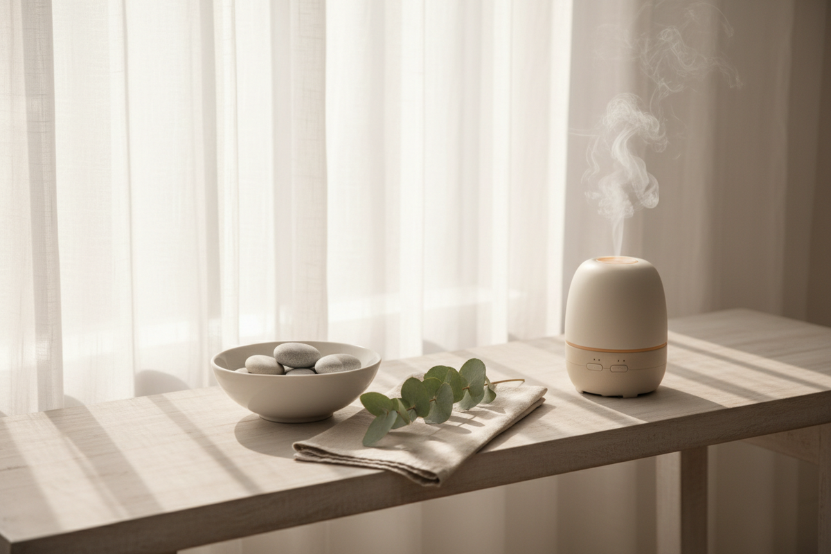 Aromatherapy diffuser on a wooden table with a bowl of stones and a leafy branch, emitting steam.