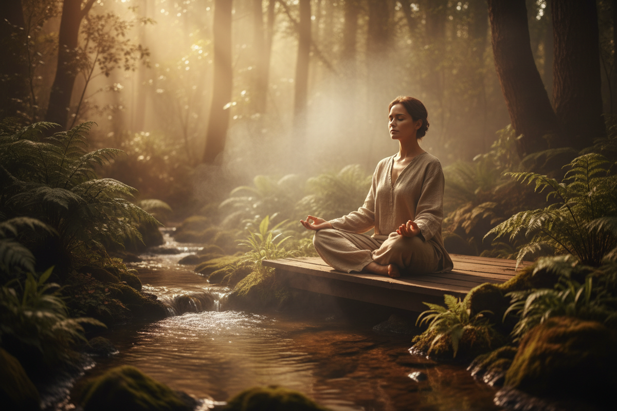 Person meditating by a stream in a forest
