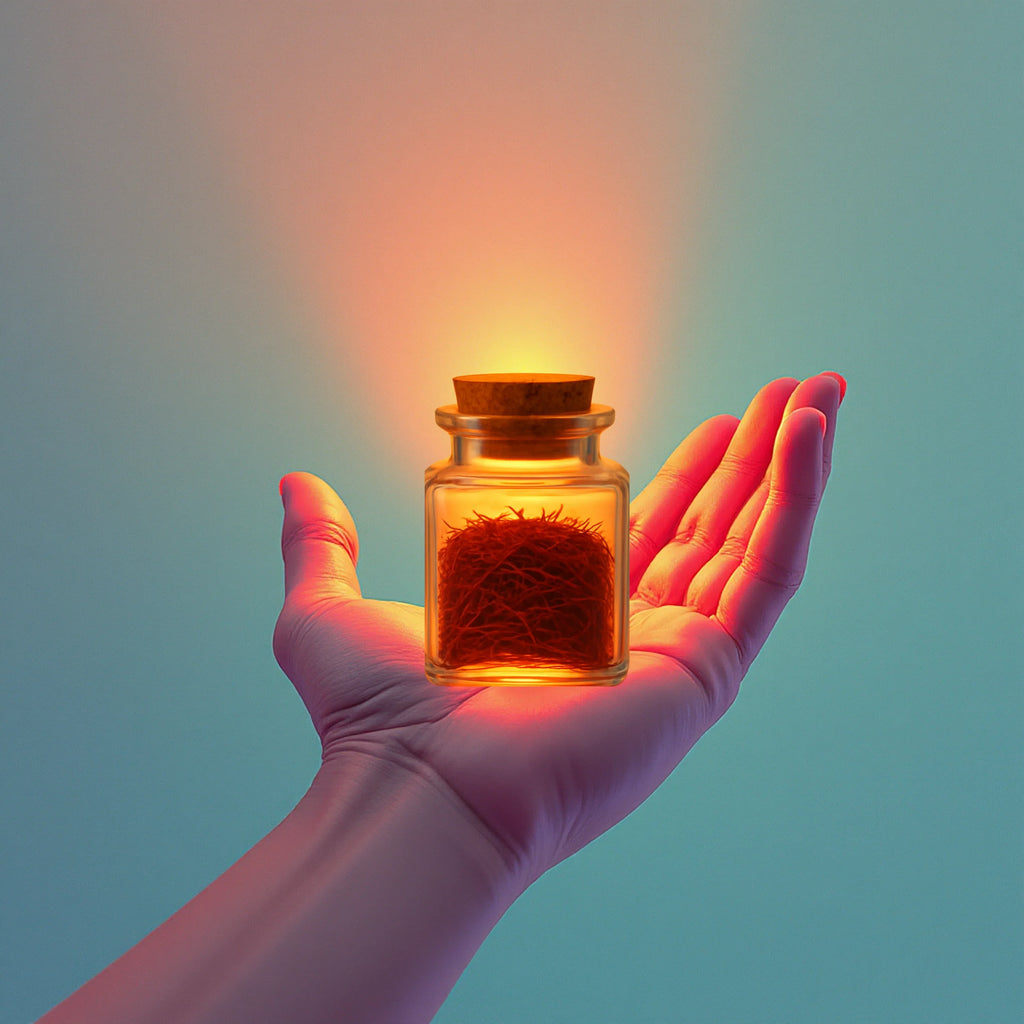 Hand holding a small jar with a glowing interior against a gradient background