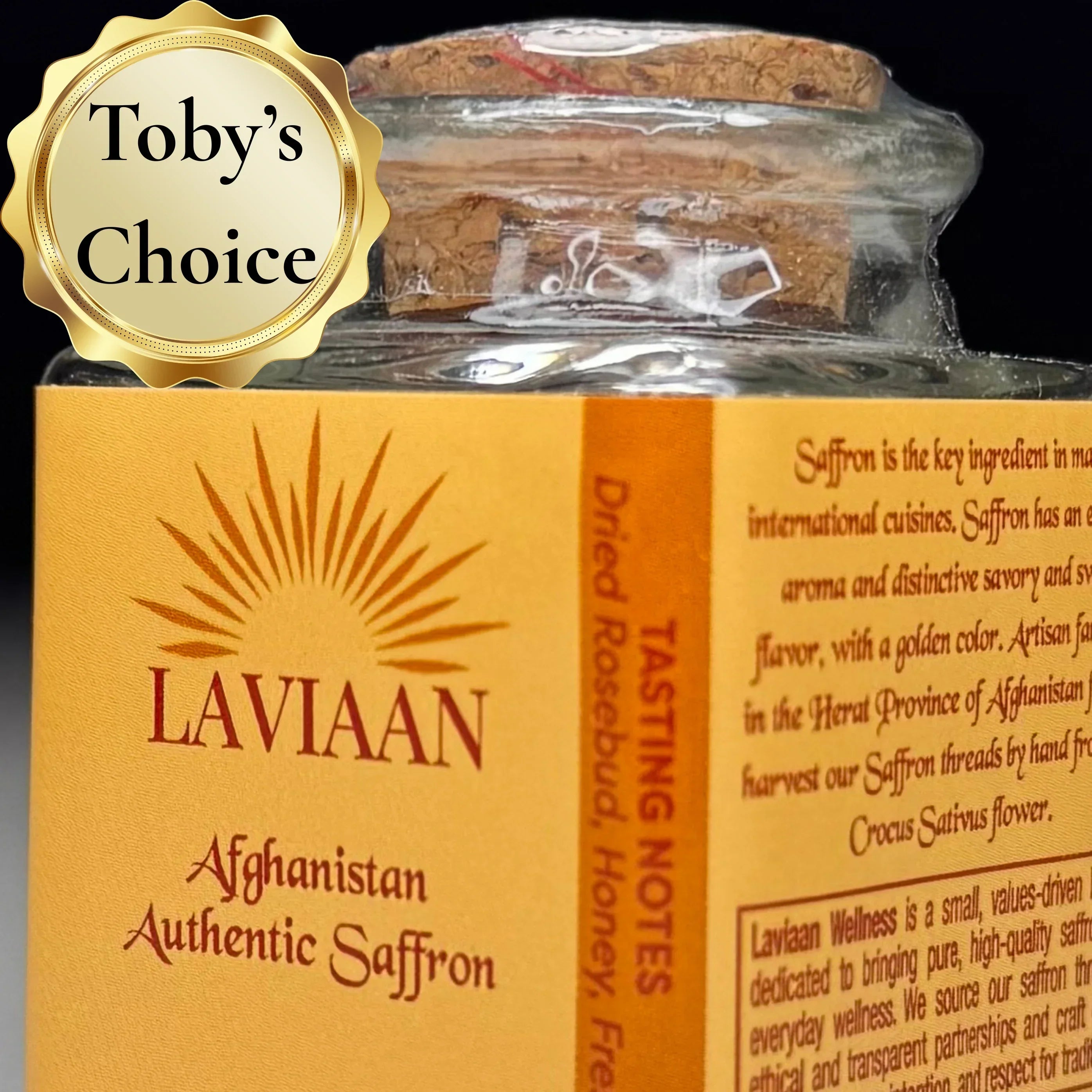 Laviaan Afghanistan Authentic Saffron packaging with 'Toby's Choice' label.