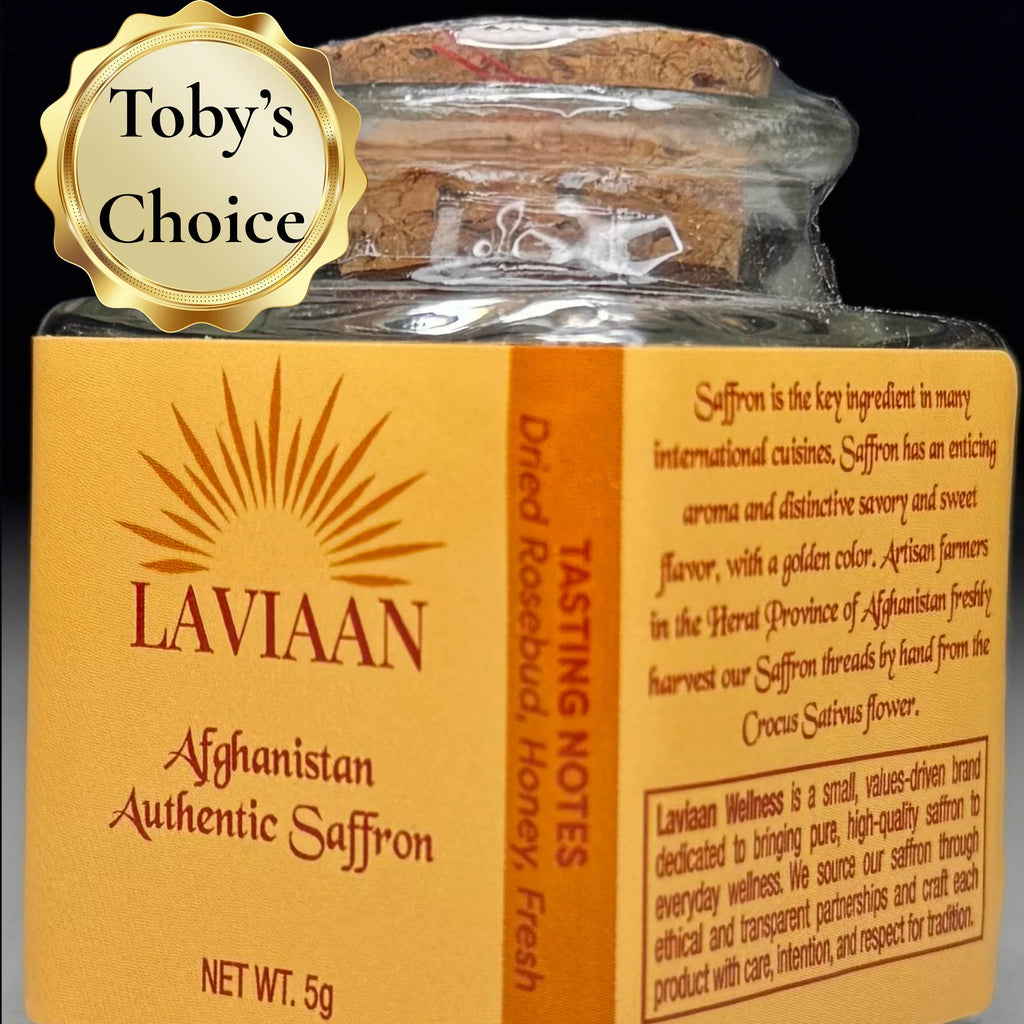Laviaan Afghan saffron packaging with 'Toby's Choice' label on a dark background